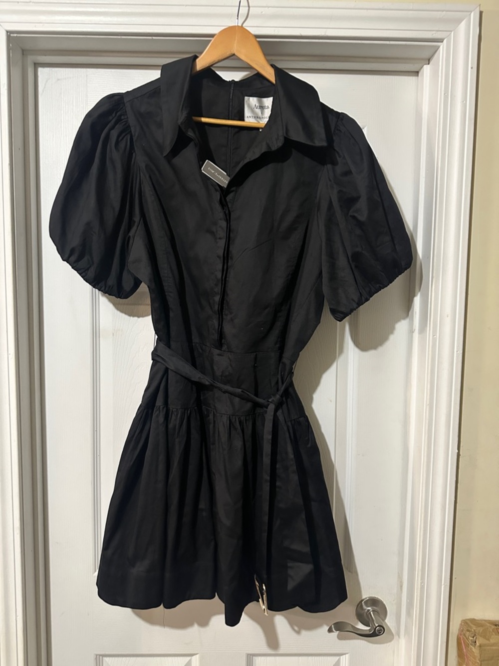 Anthropologie Black Puff-Sleeve Mini Dress with Shirt Collar